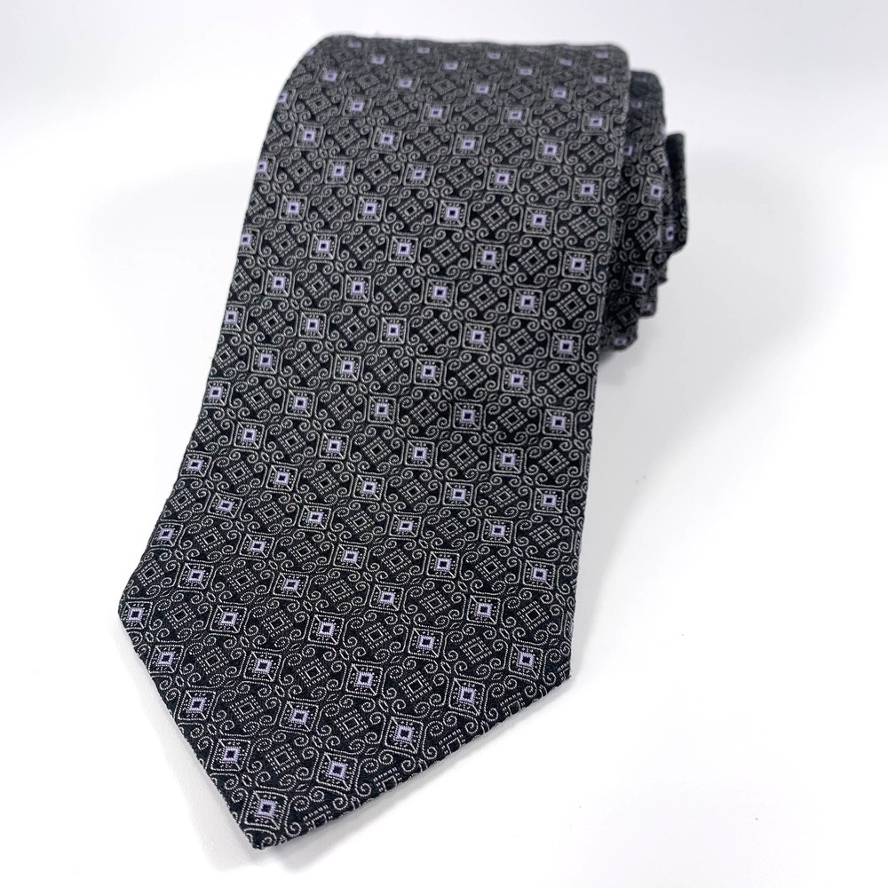 John W Nordstrom Mens Tie Black w/ Silver Geometric Design 100% Silk